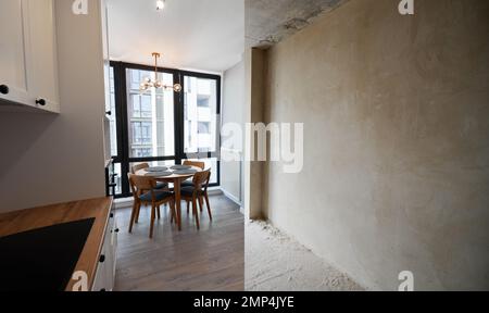 Comparaison de l'ancien appartement et du nouvel appartement avec intérieur moderne, parquet, table, chaises et murs blancs. Concept de rénovation de la maison. Chambre vide avec grande fenêtre avant et après la restauration. Banque D'Images