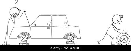 Conducteur et voiture avec roues volées , Illustration de la figure du bâton de dessin vectoriel Illustration de Vecteur
