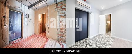 Comparaison de l'ancien appartement avec des tuyaux de chauffage au sol et nouvel appartement rénové avec un design intérieur moderne. Couloir avec plancher chauffé avant et après rénovation. Banque D'Images