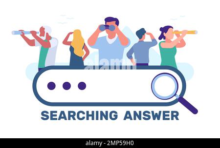 Personnes regardant la distance en arrière-plan de la barre de recherche. Personnes avec télescope et jumelles. Fenêtre recherche en ligne. Navigateur Internet. Question Illustration de Vecteur