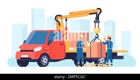 Chariot avec grue. Équipement de construction et de chargement. Des hommes soulevant des caisses par des machines. Conteneurs de transport suspendus au crochet. Travailleurs déchargeant un camion Illustration de Vecteur