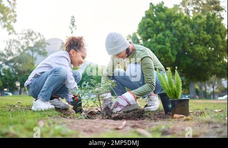 Famille, plante et jardinage dans un parc avec des arbres dans l'environnement naturel, l'agriculture ou le jardin. Femme et enfant volontaires de plantation pour la croissance, l'écologie Banque D'Images