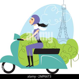 Jeune fille à cheval scooter à Paris. Illustration vectorielle plate Illustration de Vecteur