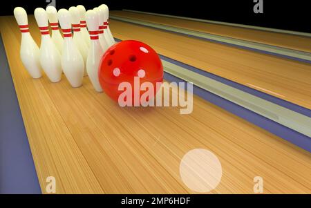 Un groupe de quilles se tient près d'une boule de bowling rouge sur un rendu de voie 3D Banque D'Images