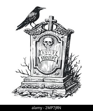 Ancienne pierre tombale et croquis corbeau. Cimetière, pierre tombale de style gravure vintage. Illustration vectorielle dessinée à la main Illustration de Vecteur