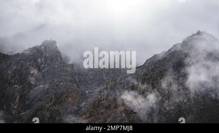 Le brouillard avec la neige et les nuages se déplace vers les montagnes en pierre avec des épinettes et la forêt sur des rochers abrupts après la pluie dans la matinée à Altai en été. Banque D'Images