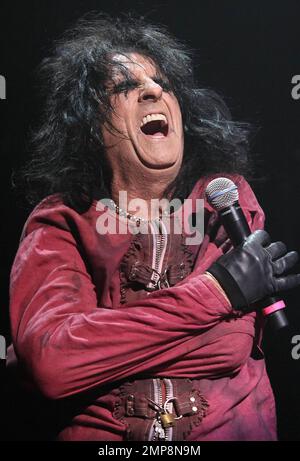 Alice Cooper reste fidèle à son style sombre en se décollant dans un pantalon noir serré, une chemise à volants, des bottes en cuir et un maquillage pour les yeux pendant la nuit de peur d'Halloween d'Alice Cooper tenue au Camden's Roundhouse. Cooper, 62 ans, se produit avec son groupe et tient une grande béquille en forme d'os pendant qu'il chantait. Londres, Royaume-Uni. 10/31/10. Banque D'Images