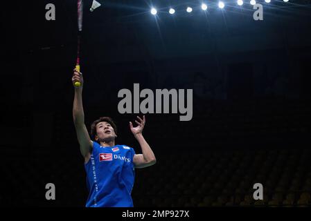 Bangkok, Thaïlande. 31st janvier 2023. Riku Hatano du Japon joue contre Julien Carraggi de Belgique pendant le match unique de Badminton Men dans le Princess Sirivannanari Thailand Masters 2023 au stade Nimibutr. Riku Hatano a gagné Julien Carraggi 2:0 (21:13, 21:11). Crédit : SOPA Images Limited/Alamy Live News Banque D'Images