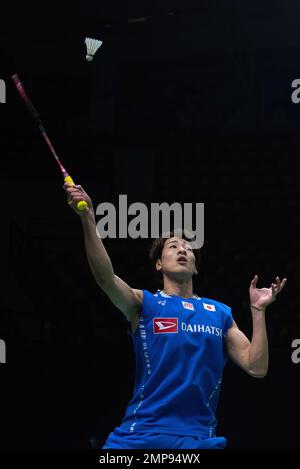 Bangkok, Thaïlande. 31st janvier 2023. Riku Hatano du Japon joue contre Julien Carraggi de Belgique pendant le match unique de Badminton Men dans le Princess Sirivannanari Thailand Masters 2023 au stade Nimibutr. Riku Hatano a gagné Julien Carraggi 2:0 (21:13, 21:11). (Photo de Peerapon Boonyakiat/SOPA Images/Sipa USA) crédit: SIPA USA/Alay Live News Banque D'Images