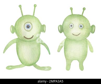Watercolor extraterrestres jeu d'illustration, mignon petits monstres clip art, enfants illustration Banque D'Images