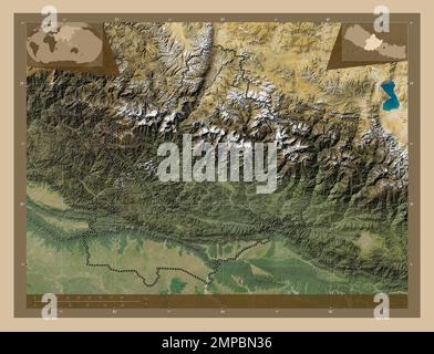 Ouest, région de développement du Népal. Carte satellite basse résolution. Cartes d'emplacement auxiliaire d'angle Banque D'Images