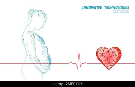 Femme enceinte avec symbole de battement de coeur. Cardiotographie CTG médecine prénaale centre clinique concept d'affiche. Illustration du vecteur numérique à faible teneur en poly de 3D Illustration de Vecteur