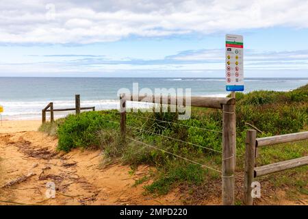 Entrée sur un sentier sablonneux à Newport Beach, l'une des plages du nord de Sydney le jour de l'été 2023, clôtures en bois de bois autour de la végétation, Australie Banque D'Images