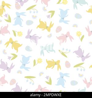 Motif Pâques sans couture dans un style de dessin animé. Un coolé puéril coloré avec des lapins et des œufs, des fleurs et un arc-en-ciel. Texture créative pour bébé pour tissu, papier Illustration de Vecteur