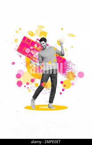 Image de collage vertical de noir joyeux blanc couleurs Guy danse dessin vinyle record boombox isolé sur fond créatif Banque D'Images