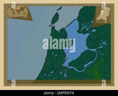 Noord-Hollande, province des pays-Bas. Carte d'altitude en couleur avec lacs et rivières. Cartes d'emplacement auxiliaire d'angle Banque D'Images
