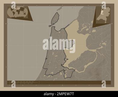 Noord-Hollande, province des pays-Bas. Carte d'altitude colorée en tons sépia avec lacs et rivières. Cartes d'emplacement auxiliaire d'angle Banque D'Images