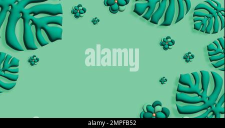 Feuilles de monstère tropicale sur fond vert. Concept été nature. 3d rendu Banque D'Images