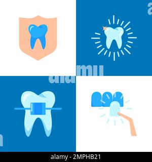 Ensemble d'icônes de dentisterie esthétique et plat. Blanchiment et protection des dents, traitement orthodontique. Illustration du vecteur Stomatology. Illustration de Vecteur