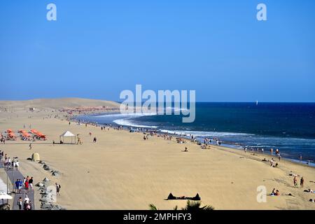 Surplombant la plage, l'océan et jusqu'aux célèbres dunes de sable de Maspalomas, Gran Canaria Banque D'Images