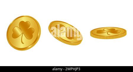 Pièces d'or avec shamrock isolé sur blanc dans différentes positions. Pièces de monnaie avec le signe de trèfle. Illustration vectorielle. Illustration de Vecteur