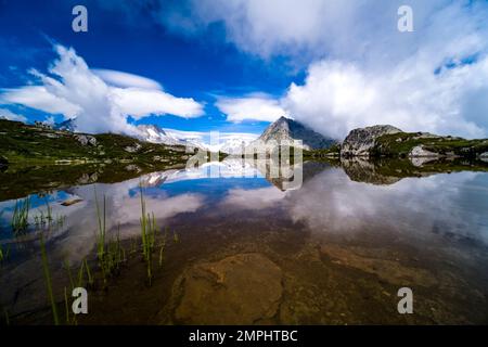 Sommets enneigés du paysage alpin au-dessus du glacier d'Aletsch se reflétant dans un petit lac de montagne. Banque D'Images