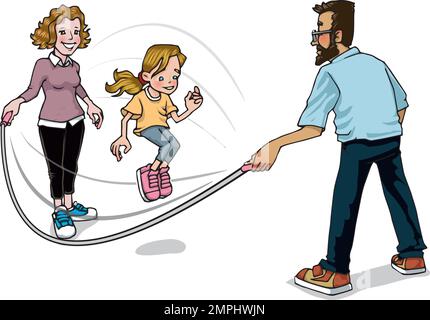 Illustration artistique d'un homme et d'une femme tenant une corde à sauter pour une jeune fille, caractéristiques de la famille sur l'éducation vie loisirs temps, rester actif, garder la forme Banque D'Images