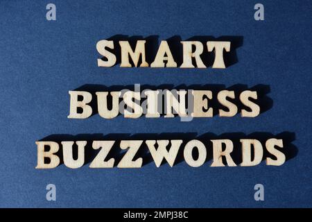 Mots à la mode Smart Business, mots en lettres d'alphabet en bois, isolés sur fond bleu Banque D'Images