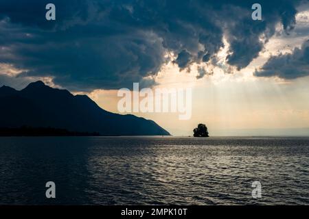 Des nuages de tempête sombre s'accumulent au-dessus du lac Léman, un seul arbre sur une petite île et des paysages alpins au loin. Banque D'Images