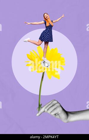 Illustration verticale créative de collage de photo positive attrayante fille debout sur fleur jaune isolée sur fond violet couleur Banque D'Images