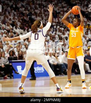 Baton Rouge, États-Unis. 30th janvier 2023. LSU Lady Tigers avance LaDazhia Williams (0) défend le Tennessee Lady Volunteers avance Jillian Hollingshead (53) lors d'un match de basket-ball universitaire féminin au Pete Maravich Assembly Centre à Baton Rouge, Louisiane, lundi, 30 janvier 2022. (Photo de Peter G. Forest/Sipa USA) crédit: SIPA USA/Alay Live News Banque D'Images