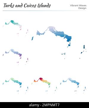 Ensemble de cartes vectorielles des îles Turques et Caïques. Motif vagues vibrantes. Carte lumineuse de l'îlot dans un style de courbes géométriques lisses. Les Turcs et les CA multicolores Illustration de Vecteur