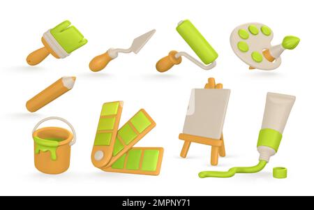 3d outils réalistes pour la peinture. Chevalet, tube de peinture, pinceau, rouleau de purée, couteau à palette, palette de couleurs, crayon et boîte de peinture de style dessin animé. Vecteur i Illustration de Vecteur