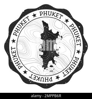 Timbre extérieur Phuket. Autocollant rond avec carte de l'île avec isolignes topographiques. Illustration vectorielle. Peut être utilisé comme insigne, logotype, étiquette, bâton Illustration de Vecteur