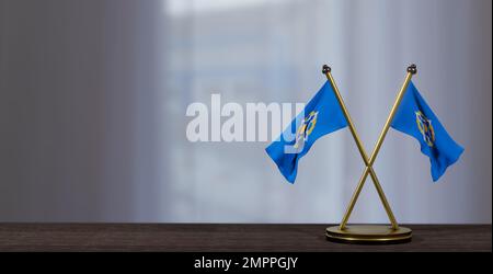 Drapeau CSTO à la table de négociation, drapeaux de l'Organisation du Traité de sécurité collective, drapeaux sur peu de flou fond. 3D travaux et 3D images Banque D'Images