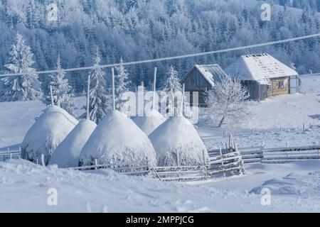 Piles de foin et maisons dans le paysage de conte de fées d'hiver dans un village de montagne Carpates Transylvanie Roumanie Banque D'Images