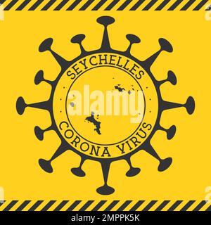 Virus Corona aux Seychelles signe. Badge rond avec forme de virus et carte des Seychelles. Timbre de verrouillage de l'épidemy de l'île jaune. Illustration vectorielle. Illustration de Vecteur