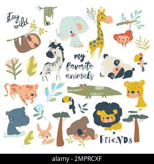 Collection d'animaux de dessin mignon de différents continents Illustration de Vecteur