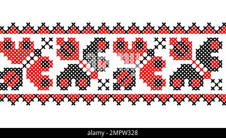 Bordure sans couture à vecteur papillon. Broderie traditionnelle ukrainienne de bordure de papillon dans les couleurs rouge et noir. Pixel art, vyshyvanka, point de croix Illustration de Vecteur