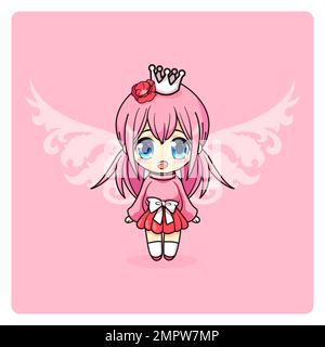 Adorable et princesse kawaii fille. Manga chibi fée avec couronne. Illustration de Vecteur