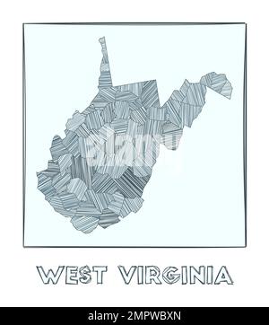 Croquis de la Virginie-occidentale. Carte dessinée à la main en niveaux de gris de l'État américain. Zones remplies de rayures hachurées. Illustration vectorielle. Illustration de Vecteur