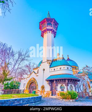 La Maison de l'éléphant avec la haute tour du Metropolitan Zoo et du jardin botanique de Budapest, Hongrie Banque D'Images