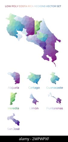 Régions costaricaines basses poly. Carte polygonale du Costa Rica avec les régions. Cartes géométriques pour votre conception. Superbe illustration vectorielle. Illustration de Vecteur