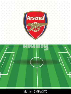 Logo Arsenal FC avec fond blanc et terrain vert, meilleur club de football européen professionnel de première division Illustration de Vecteur