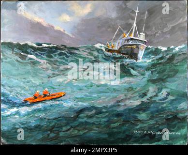 Quatre membres d'équipage du navire de pêche West Head ont été secourus par le Coast Guard Cutter Dependable, qui effectuait une patrouille de sécurité intérieure. Le Décurable est un tailleur d'endurance moyenne de 210 pieds installé à Cape May, N. J. en une année moyenne, la Garde côtière répond à 39 700 cas de recherche et sauvetage et sauve 4 300 vies. US Coast Guard Art Program 2004 Collection, OB ID # 200415, « fiable sauve les pêcheurs pendant la patrouille de sécurité », Mary McGlynn, acrylique COGAP artwork, patrouille, sécurité, navire commercial, coupeur fiable, sauvetage, Banque D'Images