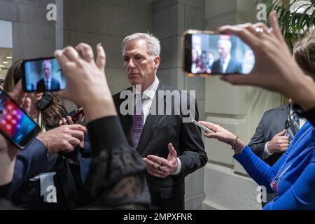 Washington, États-Unis. 31st janvier 2023. Le président de la Chambre des représentants, Kevin McCarthy, parle aux médias aux États-Unis Capitole à Washington, DC mardi, 31 janvier 2023. Photo de Ken Cedeno/UPI crédit: UPI/Alay Live News Banque D'Images