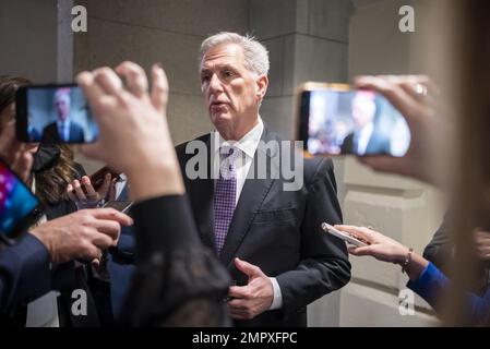 Washington, États-Unis. 31st janvier 2023. Le président de la Chambre des représentants, Kevin McCarthy, parle aux médias aux États-Unis Capitole à Washington, DC mardi, 31 janvier 2023. Photo de Ken Cedeno/UPI crédit: UPI/Alay Live News Banque D'Images