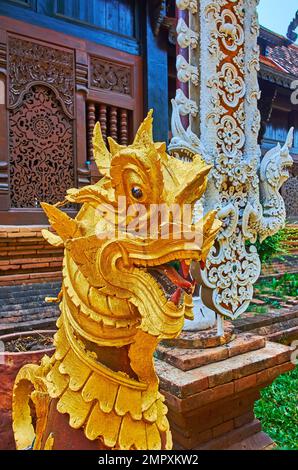 Gros plan de la tête dorée du lion de Chinthe à Wat Lok Moli, Chiang Mai, Thaïlande Banque D'Images