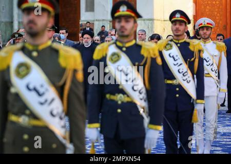 Téhéran, Iran. 31st janvier 2023. Le Président iranien Ebrahim Raisi assiste à une cérémonie de renouvellement de l'allégeance aux idéaux du fondateur de la République islamique, l'ayatollah Ruhollah Khomeini et les martyrs de la Révolution islamique à Téhéran, en Iran, sur le 31 janvier 2023. Photo du Bureau de presse du Président iranien/UPI crédit: UPI/Alay Live News Banque D'Images