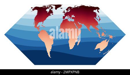 Vecteur de carte du monde. Projection Eckert II. Monde en dégradé orange rouge sur les vagues bleu profond de l'océan. Illustration vectorielle attrayante. Illustration de Vecteur